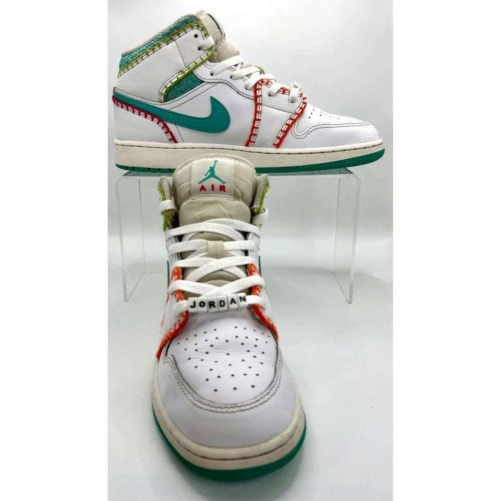 Nike Air Jordan 1 Mid SE Multi Knit White Teal Orange Sneakers Sz 6.5Y/Women 8